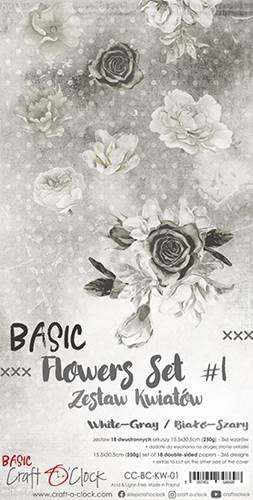 Basic Flowers Set 1, White-Grey, extras to cut, 15,5x30,5cm, mirror print (18 sheets, 6 designs, 3x6 double-sided sheets + bonus design on the cover, 250g)