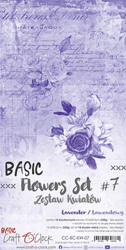 Basic Flowers Set 7, Lavender, extras to cut, 15,5x30,5cm, mirror print (18 sheets, 6 designs, 3x6 double-sided sheets + bonus design on the cover, 250g) (clr 20)