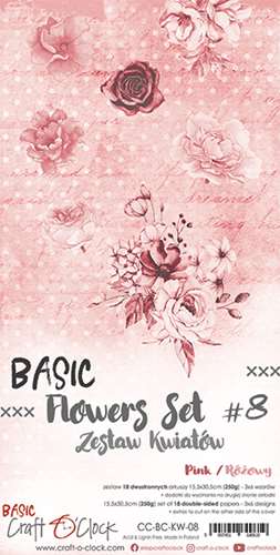 Basic Flowers Set 8, Pink, extras to cut, 15,5x30,5cm, mirror print (18 sheets, 6 designs, 3x6 double-sided sheets + bonus design on the cover, 250g)