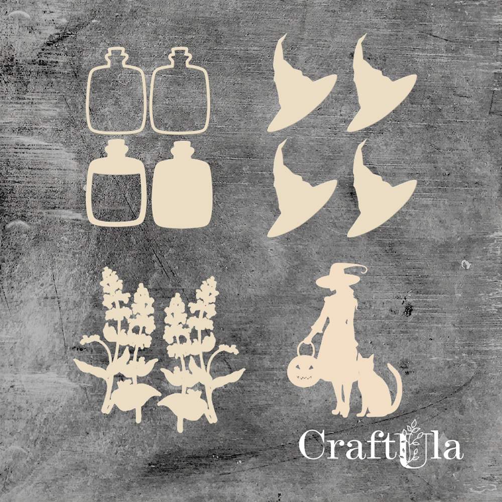 Set of Chipboard the Witch with a shaker 4 ( largest 7x5x0,15cm)