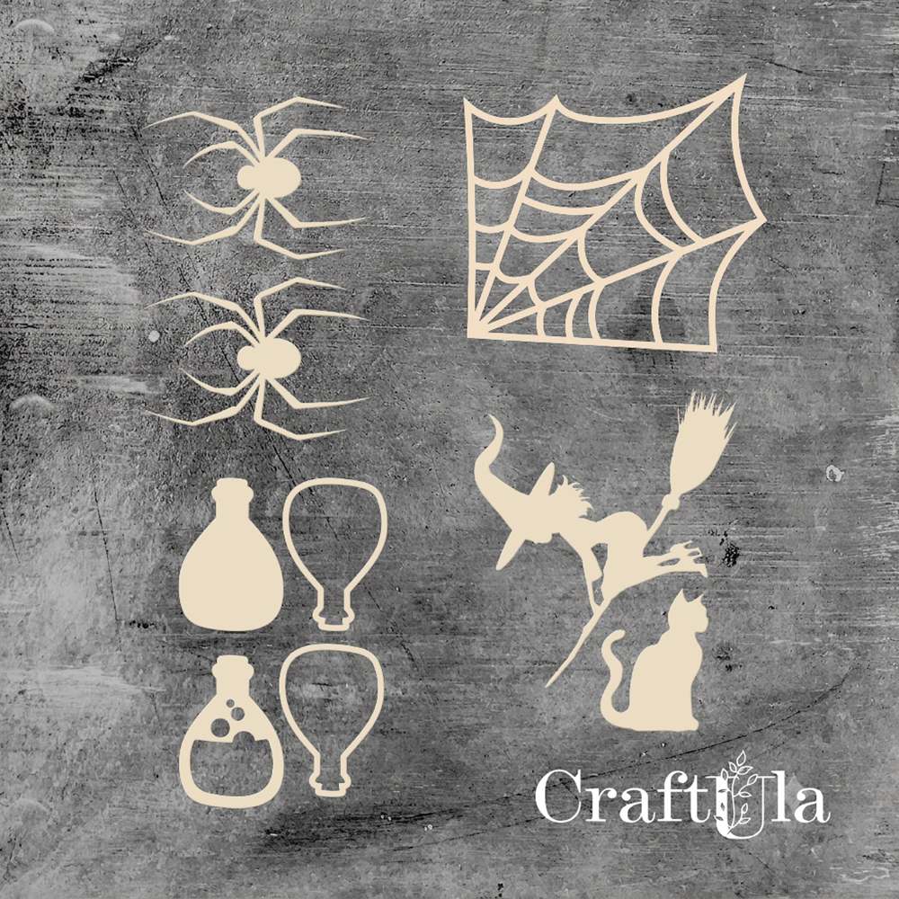 Set of Chipboard the Witch with a shaker 5 ( largest 7x8x0,15cm)