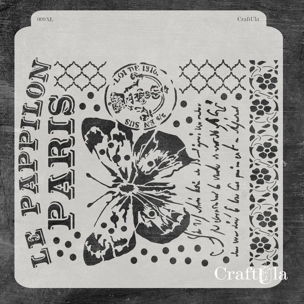 Stencil 009XL – Butterfly ornament, 30x31 cm x 0,35 mm, semi-translucent