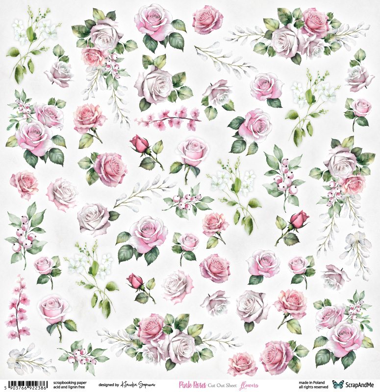 One-sided paper 30,5x30,5 cm Pink Roses – Flowers, 250 gsm, (1 sheet)