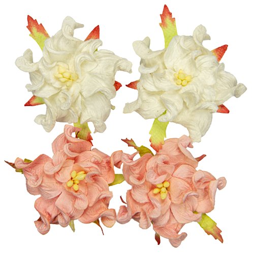 Handmade mulberry Gardenia, dia ~5cm, 4 pcs (2x WHITE, 2x SALMON)