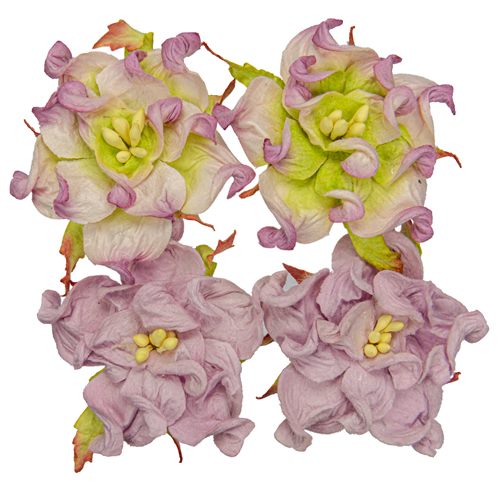 Handmade mulberry Gardenia, dia ~5cm, 4 pcs (2x LILAC, 2x PURPLE-WHITE-GREEN)