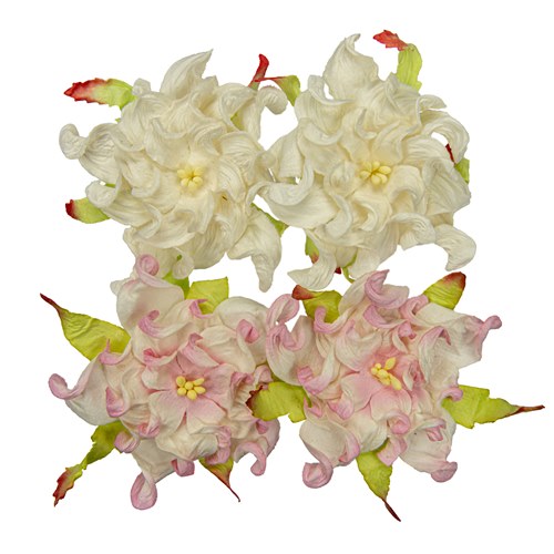 Handmade mulberry Gardenia, dia ~7cm, 4 pcs (2x WHITE, 2x WHITE-PINK)