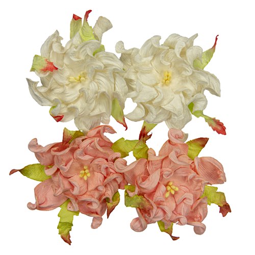 Handmade mulberry Gardenia, dia ~7cm, 4 pcs (2x WHITE, 2x SALMON)