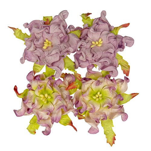 Handmade mulberry Gardenia, dia ~7cm, 4 pcs (2x LILAC, 2x PURPLE-WHITE-GREEN)