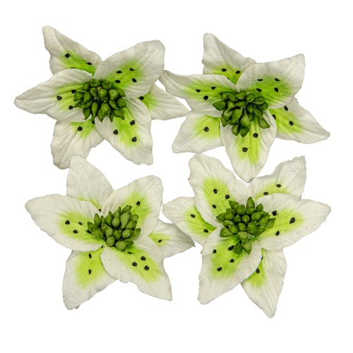 Handmade mulberry Lily, dia ~5cm, 4 pcs, WHITE-GREEN
