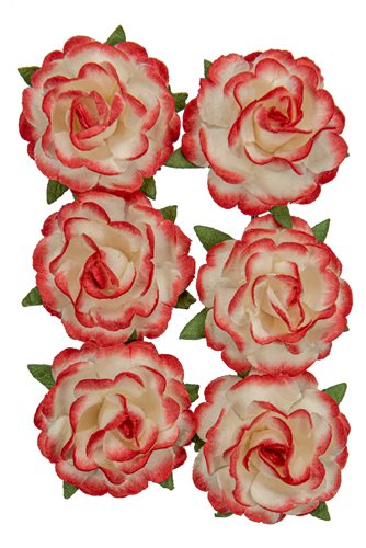 Handmade mulberry Jubilee roses, dia ~3cm, stem 6cm, 6 pcs, WHITE-RED Handmade mulberry Jubilee roses, dia ~3cm, stem 6cm, 6 pcs, WHITE-RED