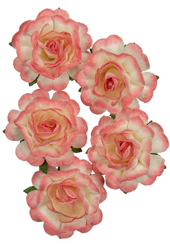 Handmade mulberry Jubilee roses, dia ~3,8cm, stem 6cm, 5 pcs, WHITE-ROSE
