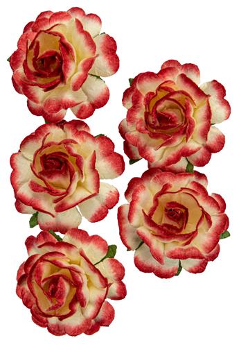 Handmade mulberry Jubilee roses, dia ~3,8cm, stem 6cm, 5 pcs, WHITE-RED