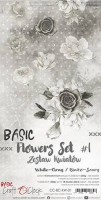 Basic Flowers Set 1, White-Grey, extras to cut, 15,5x30,5cm, mirror print (18 sheets, 6 designs, 3x6 double-sided sheets + bonus design on the cover, 250g)