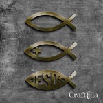 Set of mirrored gold plexiglass Christian Fish (3 pcs, 3 designs, 2- 6x2cm. 1-7x3cm)