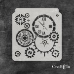 Stencil 185 – Clock and Gears, 15x16 cm x 0,35 mm, semi-translucent
